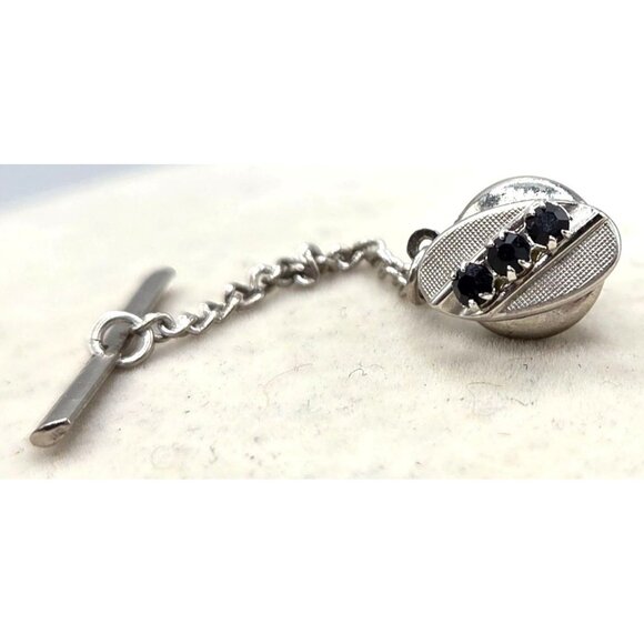 Vintage Silver Tie Tack With Black Stone Accents & Chain For Mens Formal Wear - Picture 1 of 2